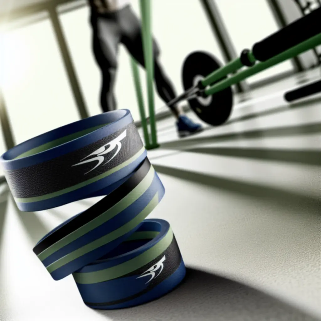 Guma treningowa premium prezentowana na tle sprzętu do ćwiczeń